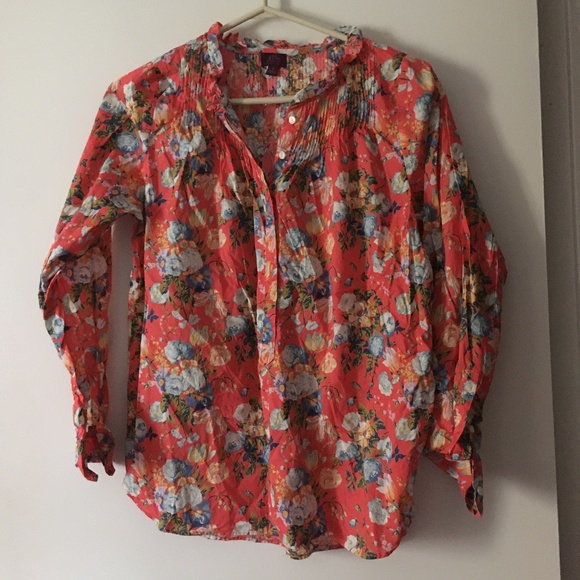 J CREW X LIBERTY Classic Popover Blouse Coral Floral Ruffle Collar Pintucking 4 - Picture 3 of 6